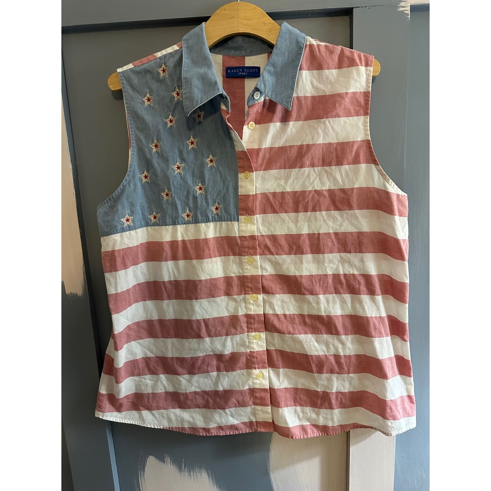 Karen Scott Sport Womens XL Patriotic American Flag Sleeveless Button Down Shirt